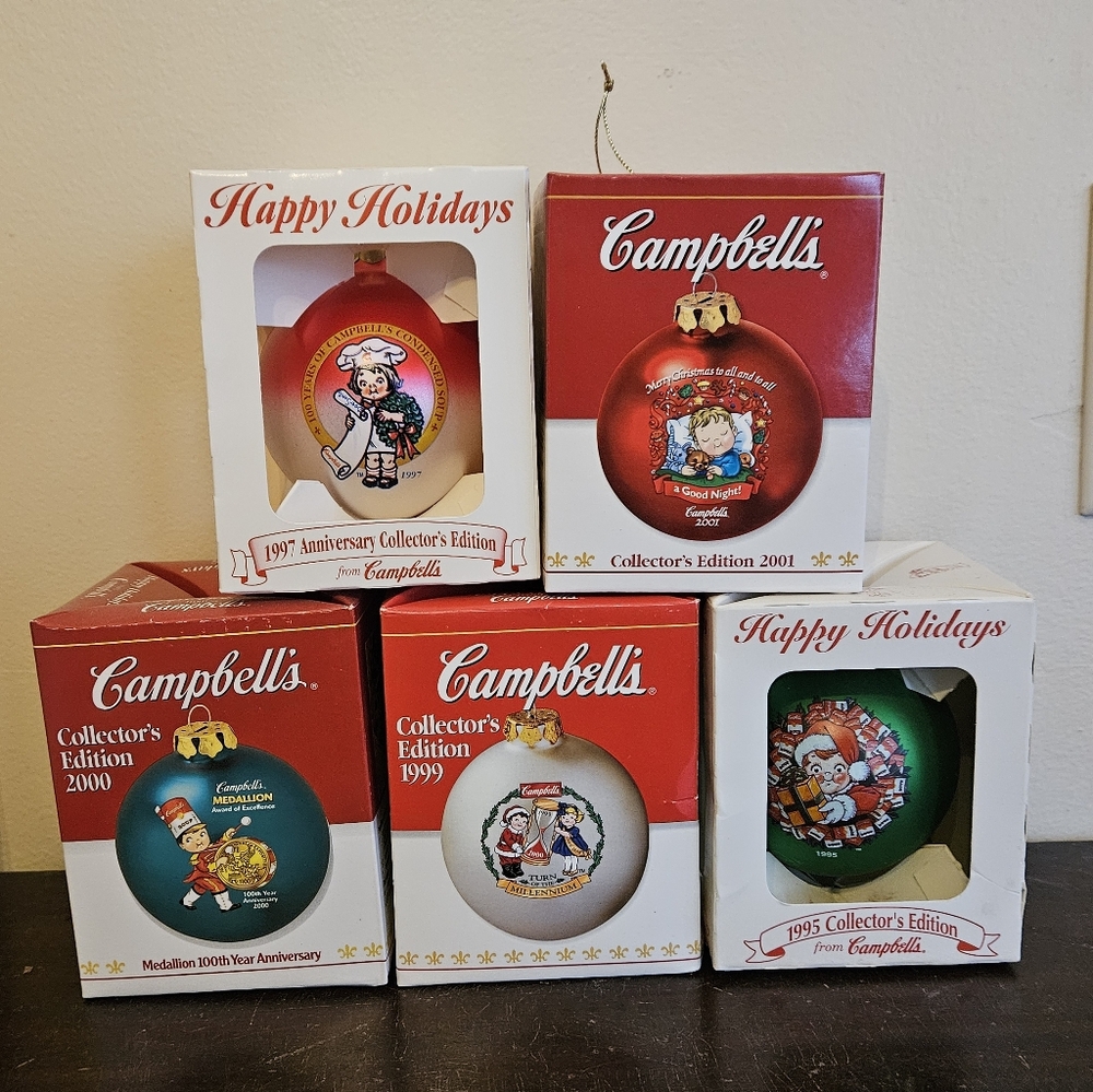 Campbell’s Soup Christmas Ornaments 1995-2001. New. 5 Pieces. Mint!